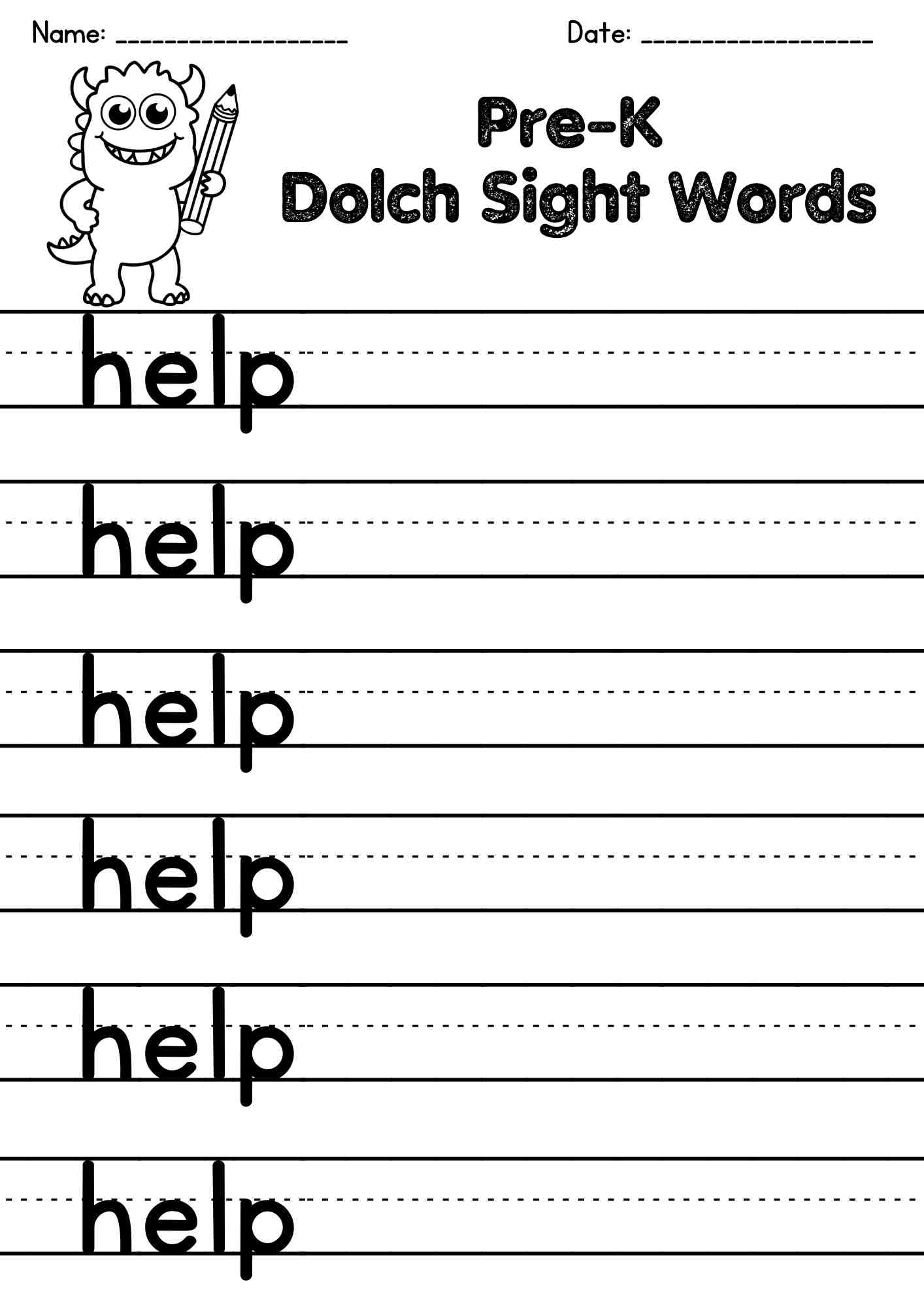 "help" Dolch Sight Word Writing Worksheets – Free PDF Download for Early Learners